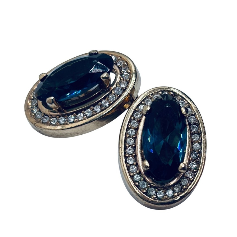 Grosse (DIOR) Vintage Gold Tone Blue Stone Rhinestone Halo Oval Clip On Earrings